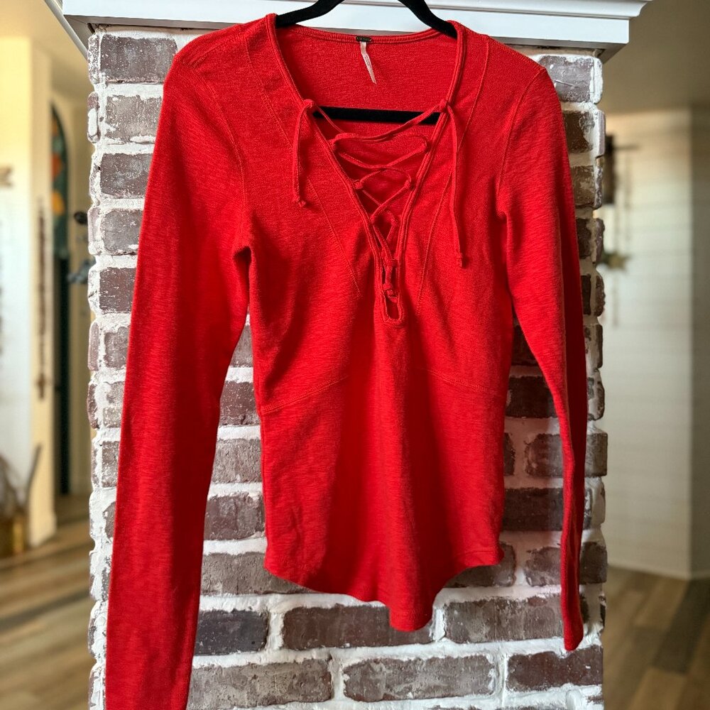 We The Free People Top Womens Medium Red Corset Neck Long Sleeve Cotton Shirt